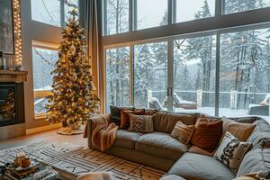 AI generated Spacious Living Room Festively Decorated with Christmas Tree and Snowy Forest View photo