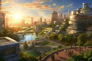 AI generated Bustling Green Cityscape Eco-Friendly Living During Golden Hour photo