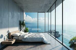 AI generated Minimalist Bedroom with Panoramic Ocean Sea View Modern Coastal Interior photo