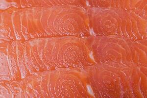 Lightly salted salmon fillet cut into thin pieces. Red fish macro photo as background.