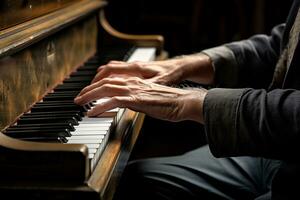 AI generated close up of hands playing the piano bokeh style background with Generated AI photo