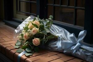 AI generated a bouquet of roses in front of the front door bokeh style background with Generated AI photo