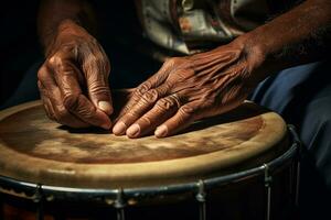 AI generated close up of hands playing drum bokeh style background with Generated AI photo