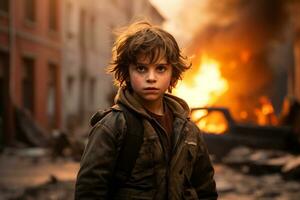 AI generated a young boy standing in front of a burning building bokeh style background with Generative AI photo