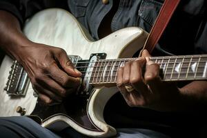 AI generated close up of a guitarist playing an electric guitar with Generated AI photo