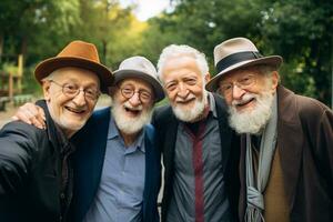 ai generado un grupo de más viejo hombres amistad bokeh estilo antecedentes con generado ai foto