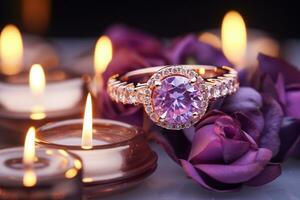 AI generated rose gold and purple gemstone ring bokeh style background with Generated AI photo