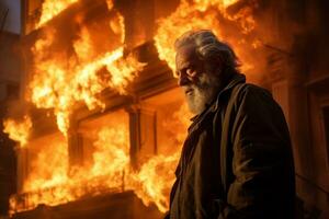 AI generated an old man standing in front of a burning building bokeh style background with Generative AI photo