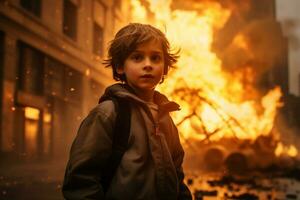 AI generated a young boy standing in front of a burning building bokeh style background with Generative AI photo