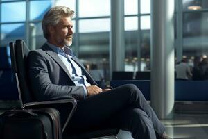 AI generated a middle age business man sitting on the airport chair at the airport bokeh style background with Generative AI photo