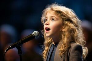 AI generated a young girl singing on the stage bokeh style background with Generated AI photo