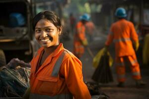 AI generated a female street sweeper worker smiling bokeh style background with Generative AI photo