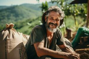 ai generado masculino café granjero sonriente en frente de su granja bokeh estilo antecedentes con generativo ai foto