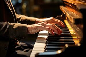 AI generated close up of hands playing the piano bokeh style background with Generated AI photo