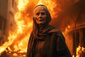 AI generated an old woman standing in front of a burning building bokeh style background with Generative AI photo