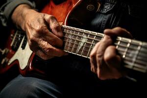 ai generado cerca arriba de un guitarrista jugando un eléctrico guitarra con generado ai foto