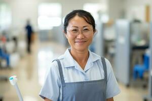 AI generated a portrait of asian housekeeper smiling in her workplace bokeh style background with Generative AI photo