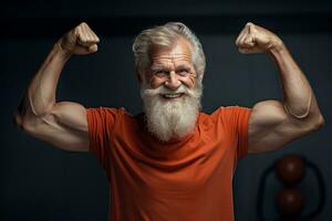 AI generated an elderly man show his muscle in the gym bokeh style background with Generative AI photo