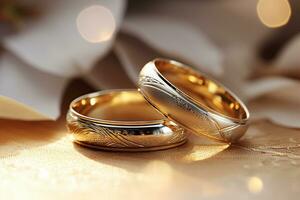 AI generated close up of two gold wedding rings bokeh style background with Generated AI photo