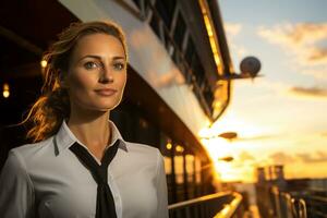 AI generated a female cruise stewardess standing in front of the ship bokeh style background with Generated AI photo