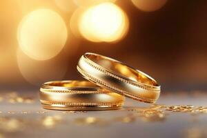 AI generated close up of two gold wedding rings bokeh style background with Generated AI photo