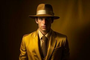ai generado hermoso hombre modelo vistiendo amarillo traje con generado ai foto