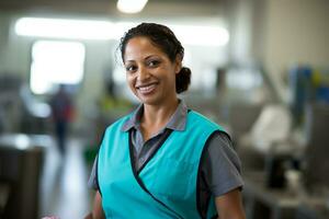 AI generated a portrait of housekeeper smiling in her workplace bokeh style background with Generative AI photo