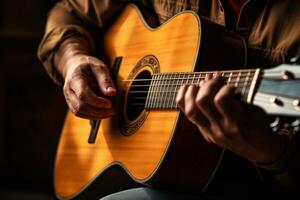 ai generado cerca arriba de manos jugando un acústico guitarra bokeh estilo antecedentes con generado ai foto