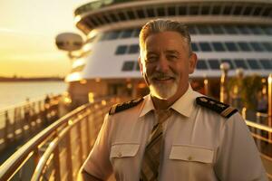 AI generated old male captain standing in front of the ship bokeh style background with Generated AI photo