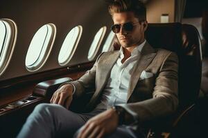 AI generated businessman sitting on private jet bokeh style background with Generated AI photo