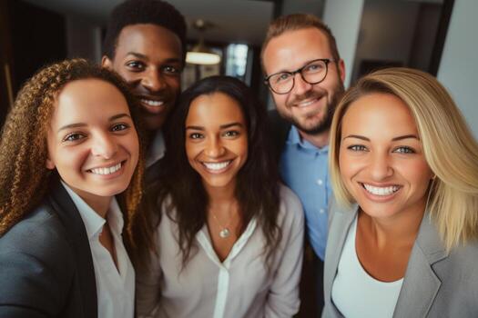 AI generated business teamwork smiling in the office bokeh style background with Generated AI photo