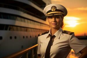 AI generated a female captain standing in front of the ship bokeh style background with Generated AI photo