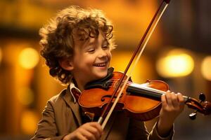 AI generated young boy playing violin bokeh style background with Generative AI photo