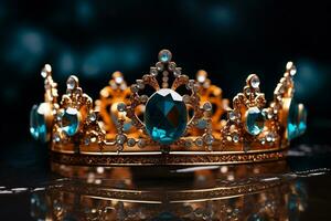 AI generated a blue diamond crown on wood table bokeh style background with Generated AI photo