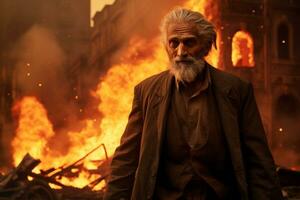 AI generated an old man standing in front of a burning building bokeh style background with Generative AI photo