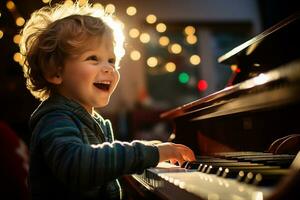 AI generated a boy playing piano in living room bokeh style background with Generative AI photo