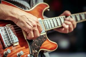 ai generado cerca arriba de un guitarrista jugando un eléctrico guitarra bokeh estilo antecedentes con generado ai foto