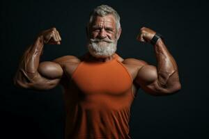 AI generated an elderly man show his muscle in dark background with Generative AI photo