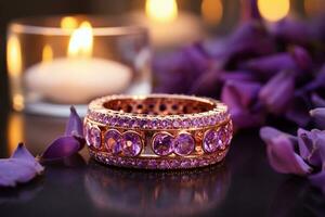 AI generated rose gold and purple gemstone ring bokeh style background with Generated AI photo