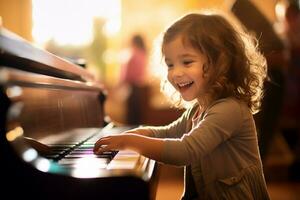 ai generado un niña jugando piano en vivo habitación bokeh estilo antecedentes con generativo ai foto