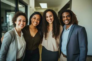 ai generado negocio trabajo en equipo sonriente en el oficina bokeh estilo antecedentes con generado ai foto