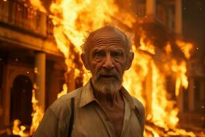 AI generated an old man standing in front of a burning building bokeh style background with Generative AI photo