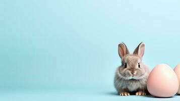 AI generated Easter bunny rabbit with colorful egg on pastel spring background, perfect for text placement photo