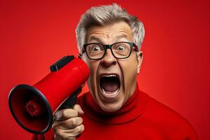 AI generated Fashionable senior woman screaming into megaphone in studio shot with solid background photo