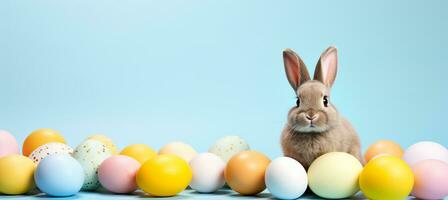 AI generated Easter bunny rabbit with egg on pastel spring background   copy space available for text placement photo
