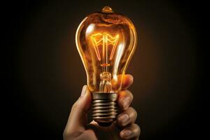 AI generated Creative innovation hand holding electric bulb for brainstorming and solution concepts photo