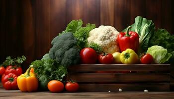 AI generated Vibrant and colorful assortment of freshly picked vegetables on a rustic wooden table photo