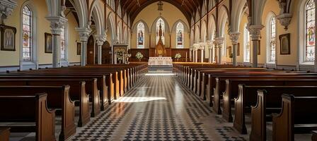 ai generado Pascua de Resurrección domingo Iglesia interior con sereno, ligero lleno espacio y manchado vaso ventanas foto