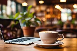 AI generated Modern home office with laptop, coffee cup, and stylishly blurred living room backdrop photo