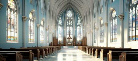 AI generated serene easter sunday church interior with radiant light streaming through stained glass windows photo